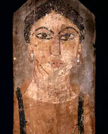 Portret van een vrouw, 300–400 na Chr. Hout met tempera-beschildering. Allard Pierson
